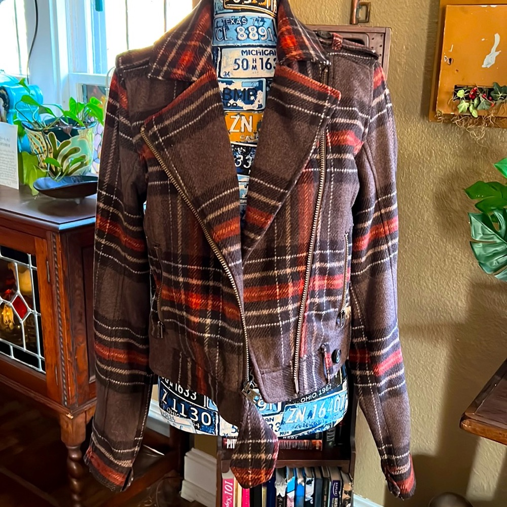 Abercrombie & Fitch Wool Plaid Crop Military Jacket Size Medium - Red and Brown